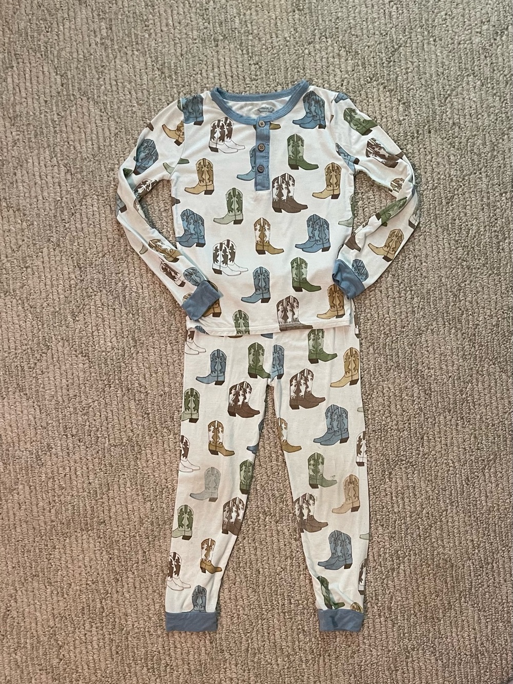 Mud Pie Cowboy Boot Print Pajama Set in Blue, Green, Brown